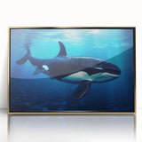 Framed wall art featuring a stunning orca design set against a marine life backdrop, elegantly encased in a gold frame, perfect for ocean-themed decor.