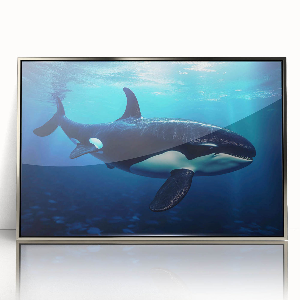 Framed wall art featuring a vibrant orca design, showcasing marine life in intricate detail, with a sleek silver frame enhancing its contemporary appeal.