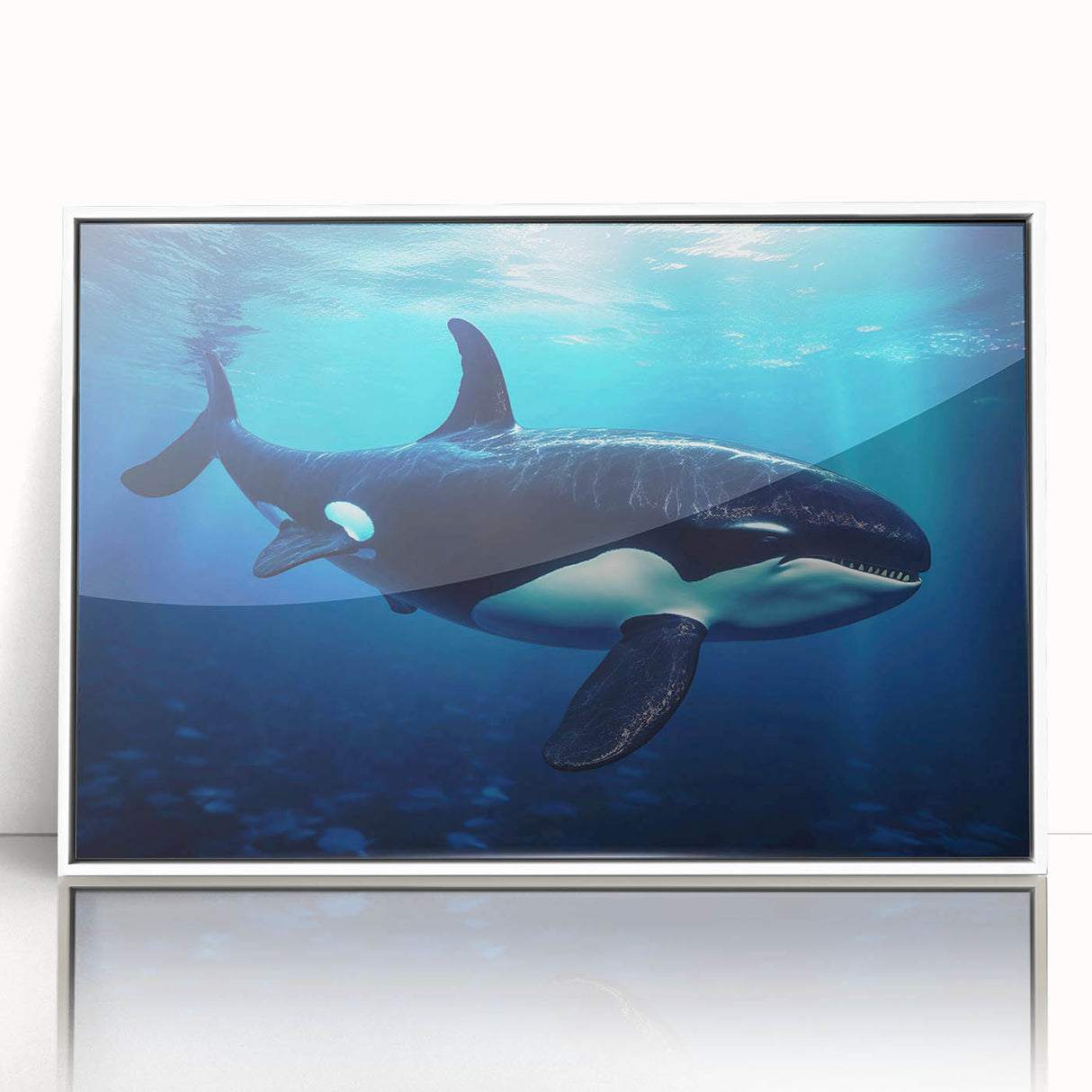 Framed acrylic wall art featuring a stunning orca design, showcasing intricate marine life details against a white background, perfect for ocean-themed decor.