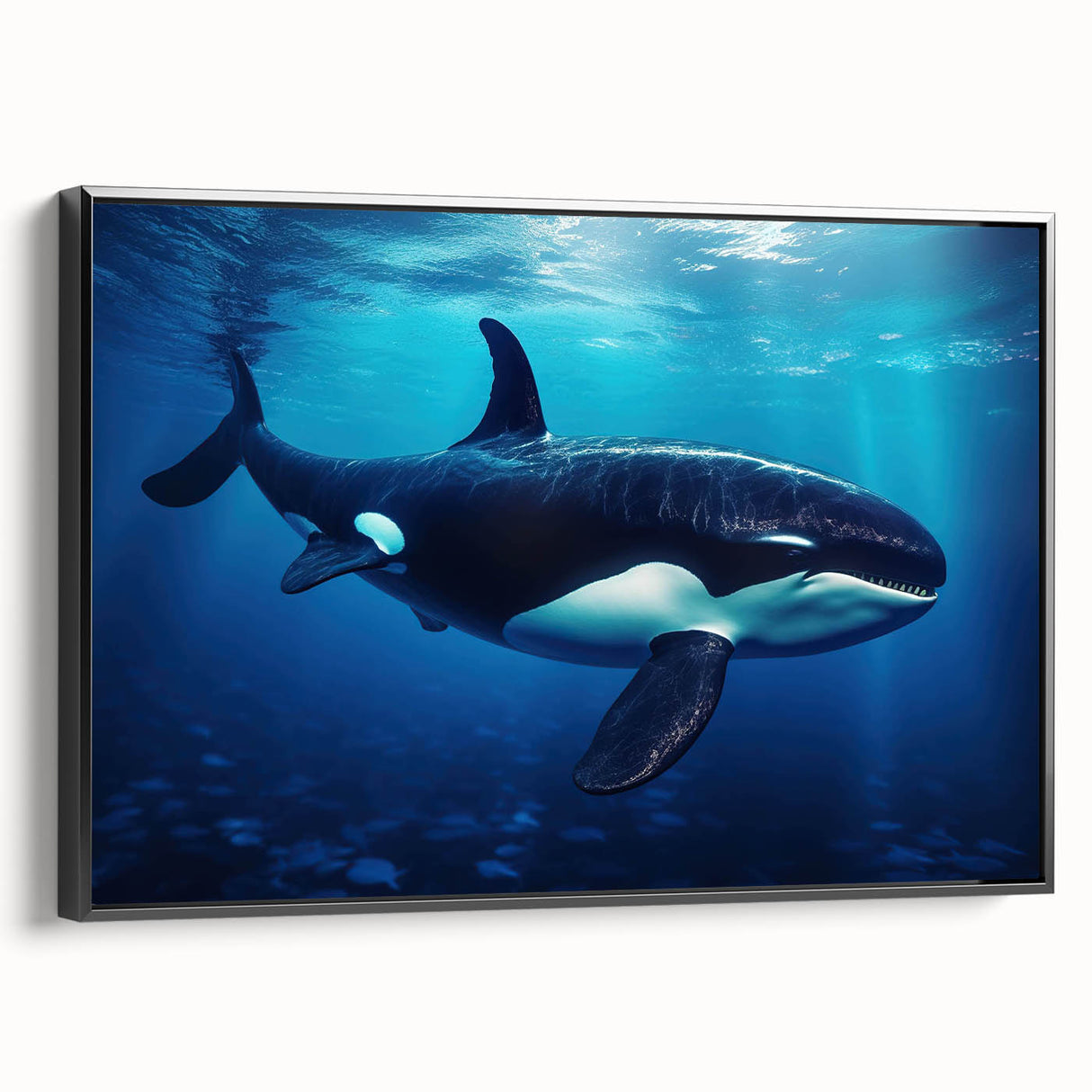 Framed canvas wall art showcasing a stunning orca design, featuring vibrant marine life colors and a sleek black frame, perfect for ocean-themed decor.