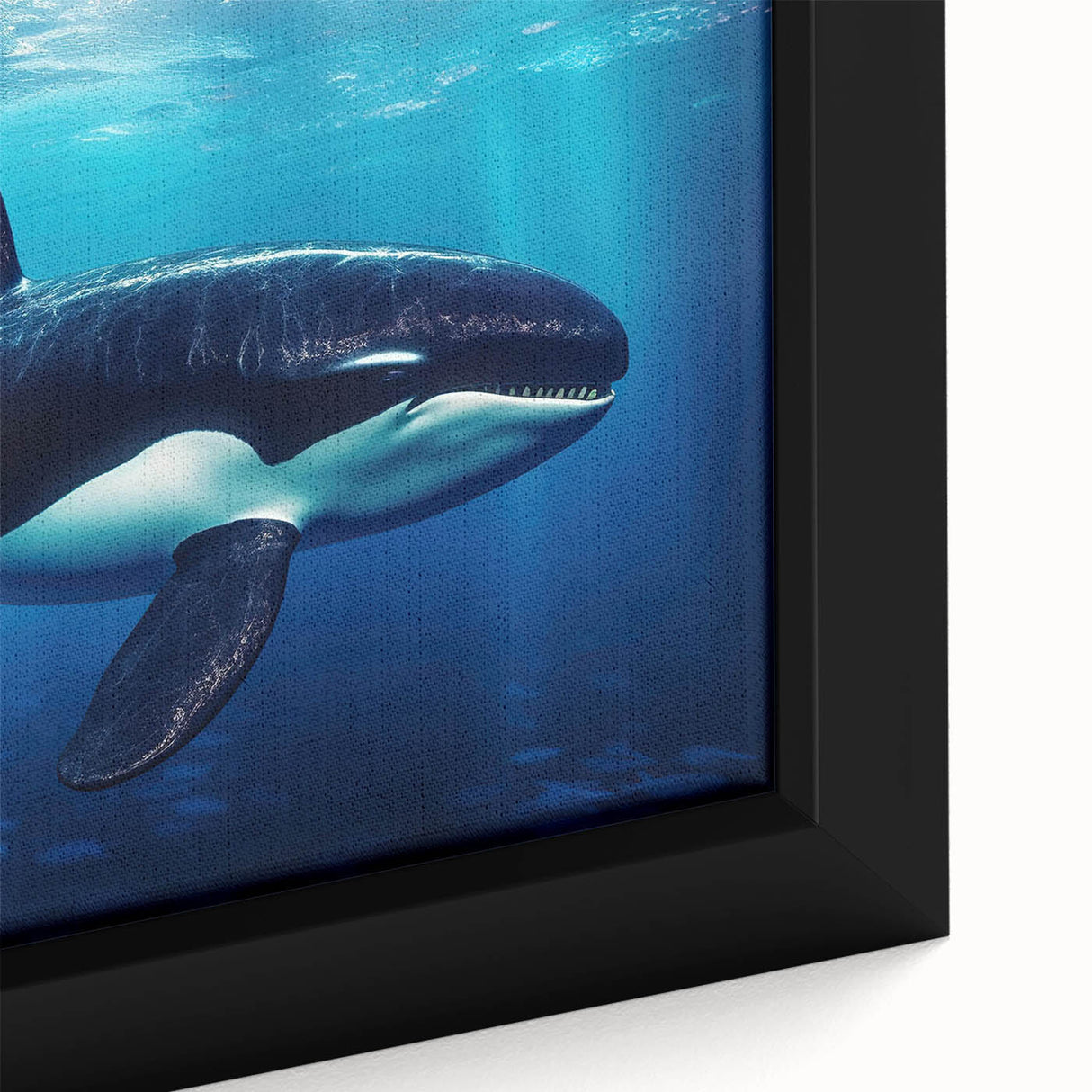 Close-up of a framed canvas wall art showcasing a vibrant orca design, featuring intricate marine life details and rich colors, perfect for ocean-themed decor.