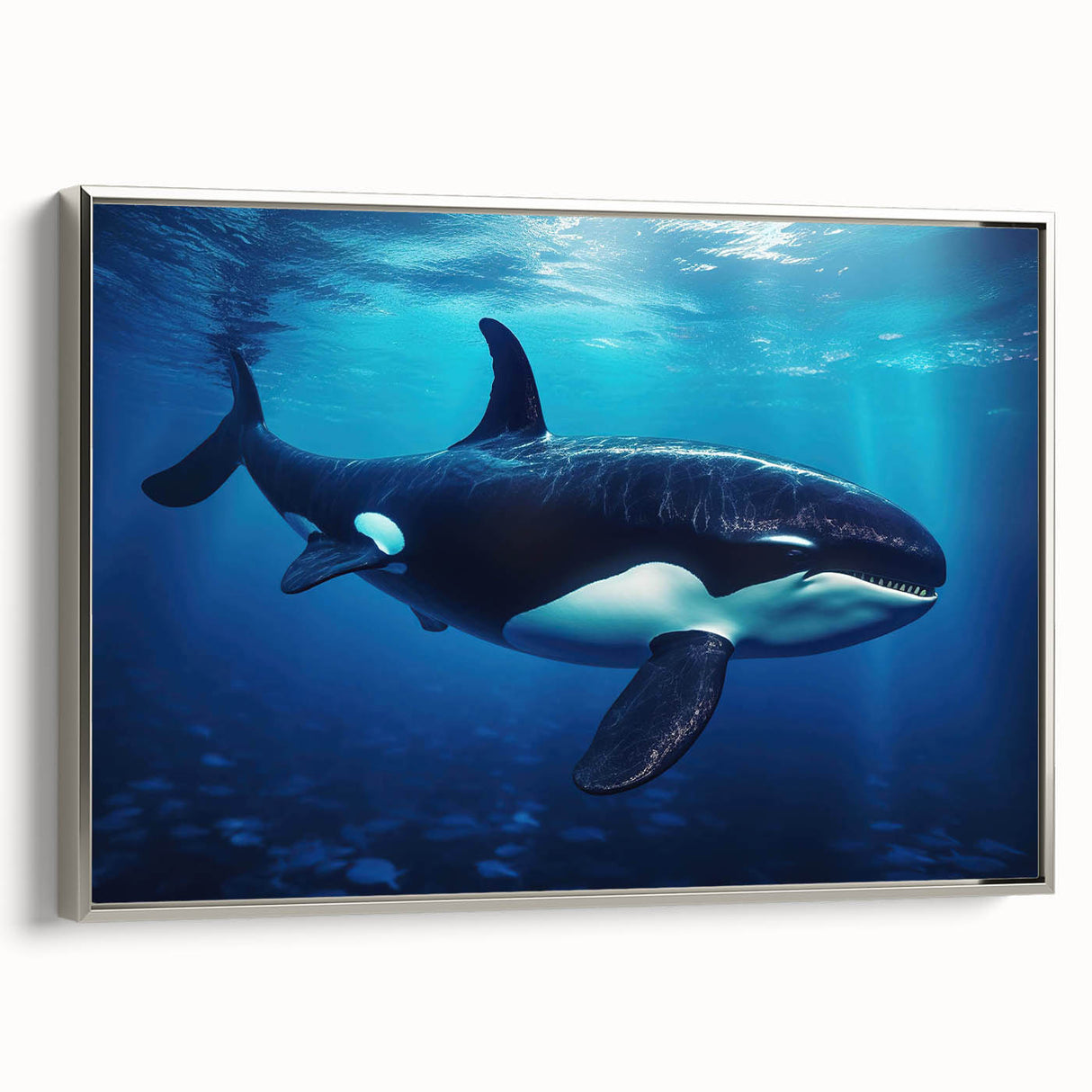 Framed canvas wall art featuring a stunning orca design in vibrant colors, showcased in a silver frame, ideal for marine life enthusiasts and modern decor.