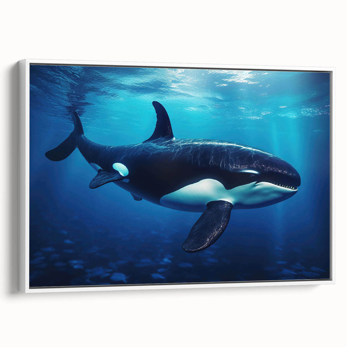 Framed canvas wall art showcasing a striking orca design, featuring vibrant colors and intricate details, displayed against a white background. Perfect for marine life enthusiasts.