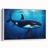 Framed canvas wall art showcasing a striking orca design, featuring vibrant colors and intricate details, displayed against a white background. Perfect for marine life enthusiasts.