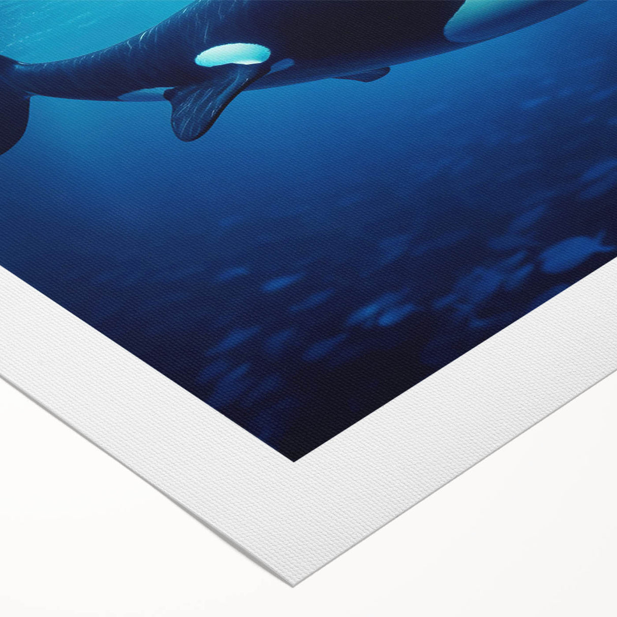 Orca wall art design on rolled canvas, showcasing vibrant colors and marine life details, perfect for coastal decor enthusiasts. Packaged securely in a cardboard tube.