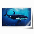 Vibrant marine life wall art print showcasing an orca in dynamic colors, perfect for ocean-themed decor; rolled and ready for framing.