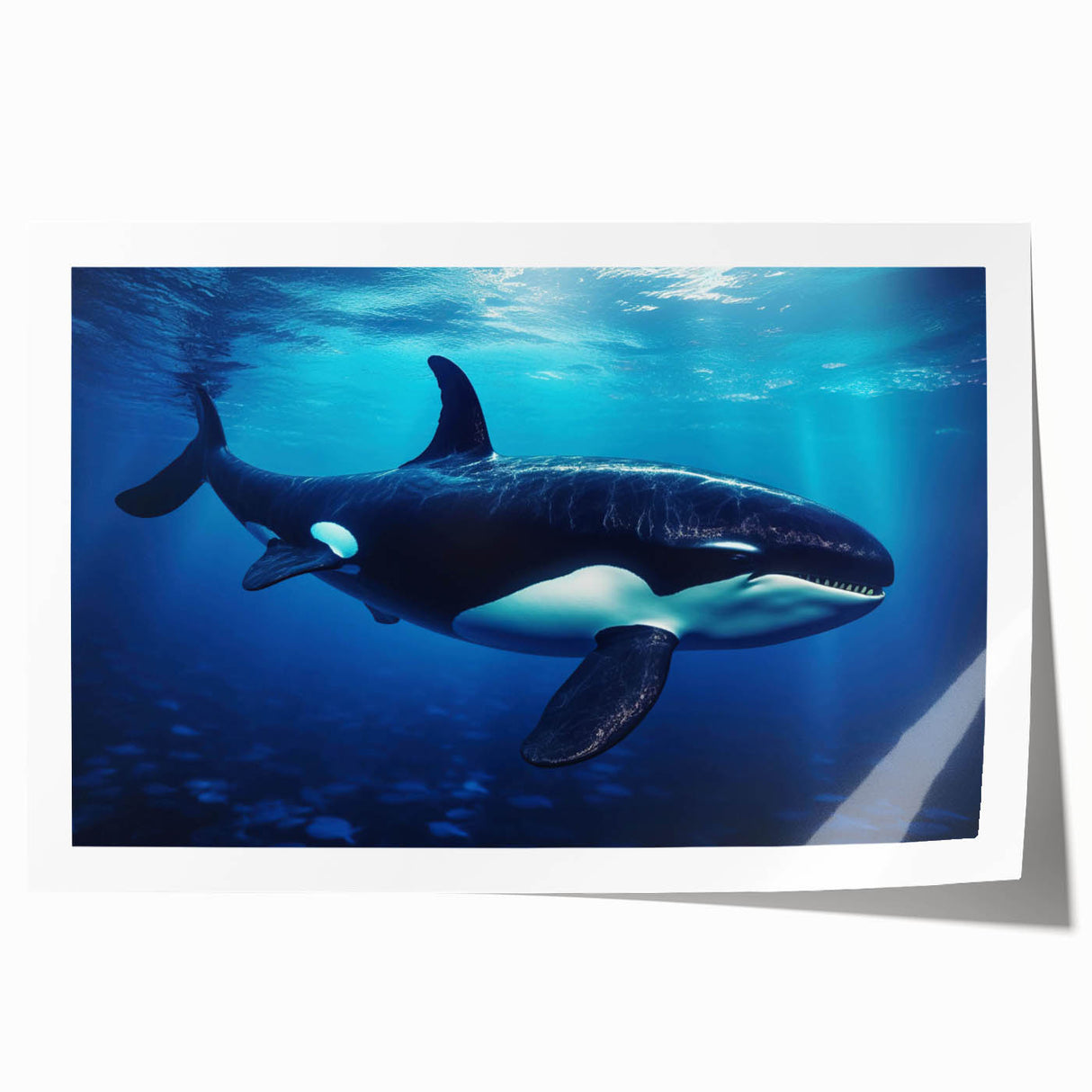 Vibrant marine life wall art print showcasing an orca in dynamic colors, perfect for ocean-themed decor; rolled and ready for framing.