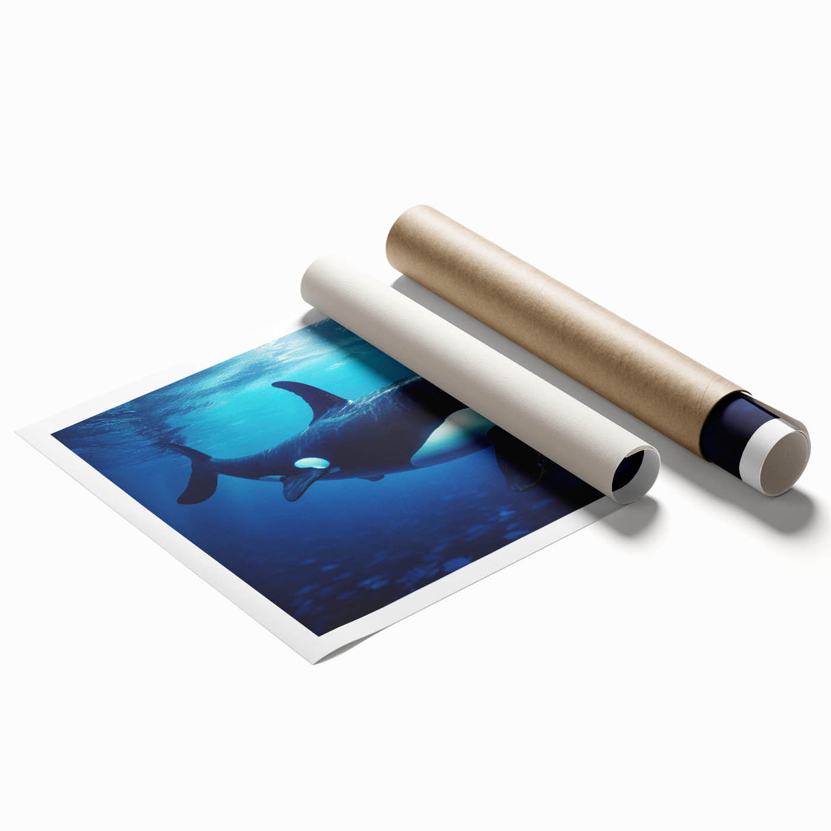 Orca-themed wall art print showcasing vibrant marine life design with detailed illustrations of orcas, perfect for ocean lovers and home decor enthusiasts.
