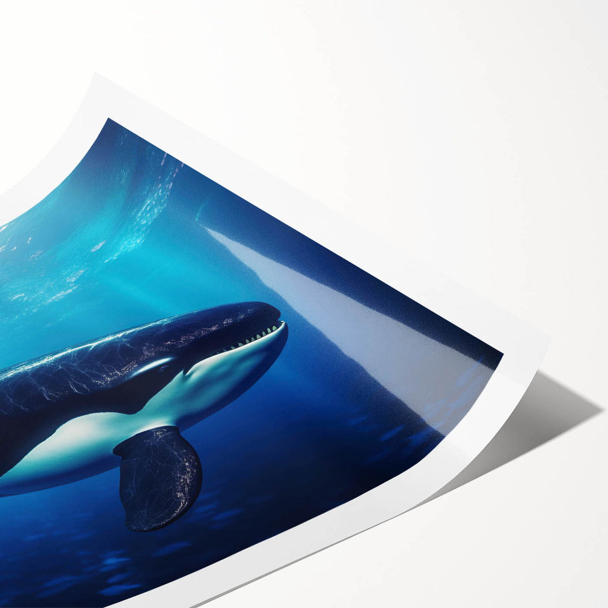 Colorful rolled print of marine life featuring an orca design, showcasing vibrant blue and green hues, perfect for ocean-themed decor. Ideal for nature lovers.