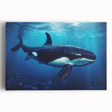 Vibrant stretched canvas wall art depicting a detailed orca design, showcasing marine life in rich colors, perfect for ocean-themed decor.