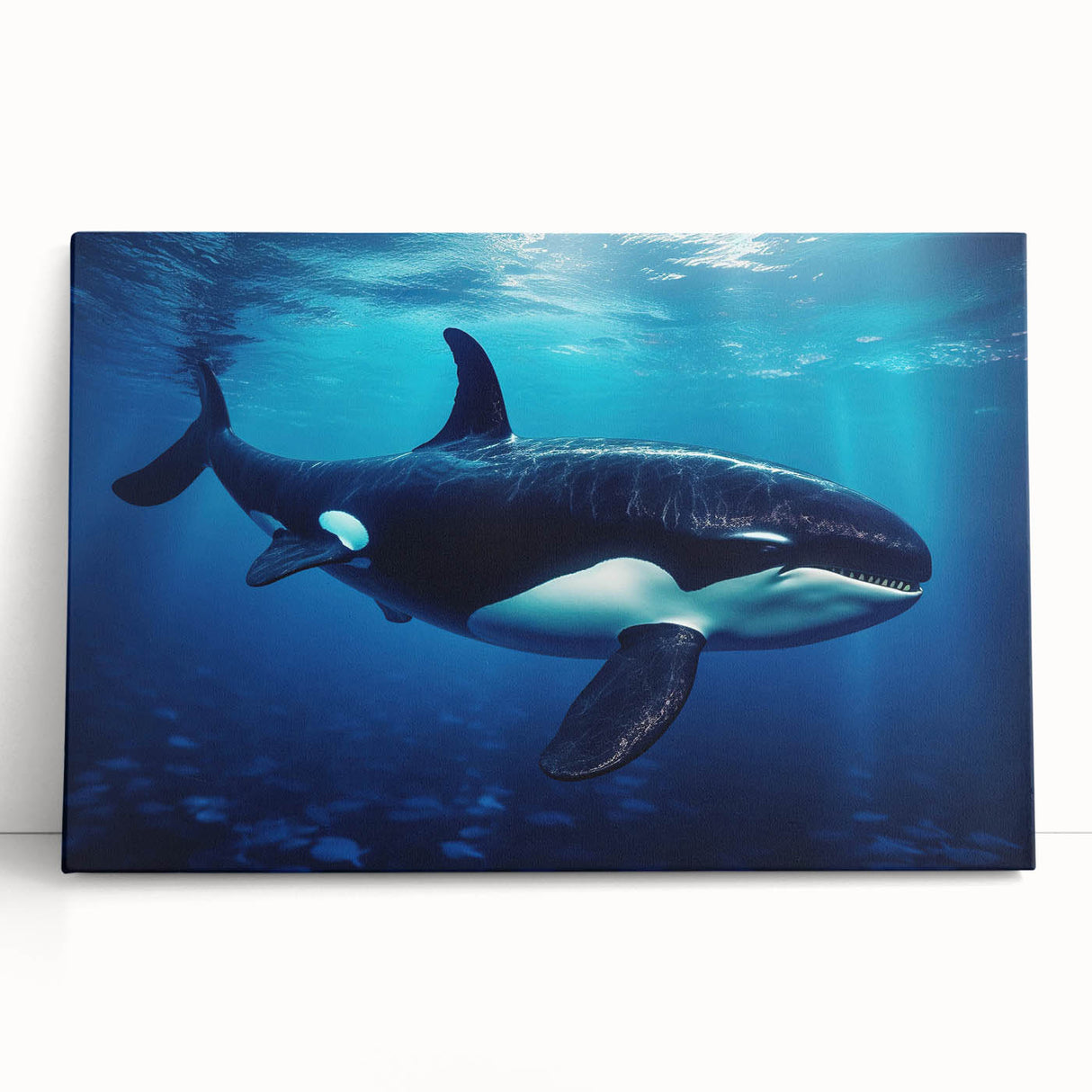 Stretched canvas wall art featuring a vibrant orca design, showcasing detailed marine life with rich colors, perfect for coastal-themed decor. Ideal for ocean lovers.