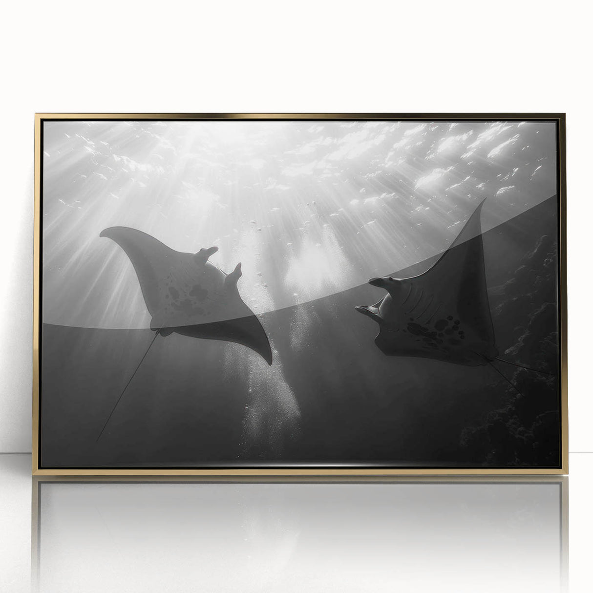 Framed wall art featuring a vibrant marine life ray design in gold acrylic, showcasing intricate details and textures, perfect for ocean-themed decor.
