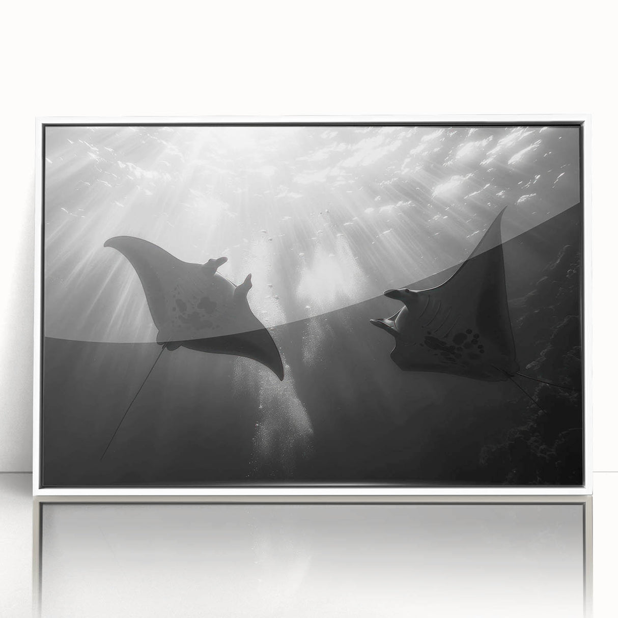 Framed wall art featuring a colorful marine life design with a manta ray, set in an elegant white frame, perfect for ocean-themed decor and enhancing interior aesthetics.