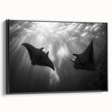 Framed canvas wall art showcasing a vibrant marine life ray design in a modern black frame, highlighting the intricate details and colors of oceanic creatures.