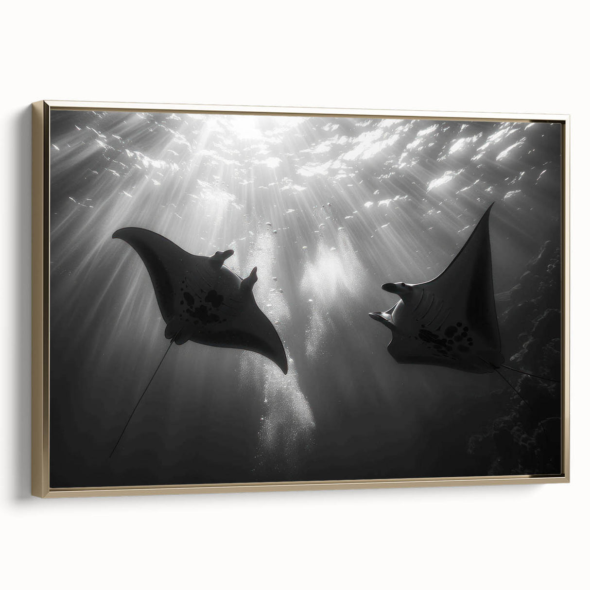 Framed wall art featuring a vibrant marine life ray design on canvas, showcasing gold accents and a sleek side view, perfect for enhancing coastal-themed decor.