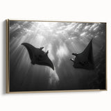 Framed wall art featuring a vibrant marine life ray design on canvas, showcasing gold accents and a sleek side view, perfect for enhancing coastal-themed decor.