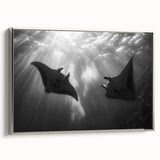 Framed canvas wall art depicting a vibrant marine life ray design, featuring shades of blue and silver, ideal for ocean-themed decor. Perfect for adding a coastal touch to any room.