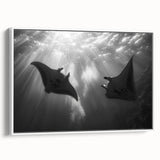 Framed canvas wall art showcasing a marine life ray design, featuring vibrant colors and intricate details, displayed from a side view with a white frame.