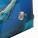 Close-up view of a vibrant acrylic glass wall art piece featuring a marine life ray design, showcasing intricate details and bright colors, ideal for ocean-themed decor.