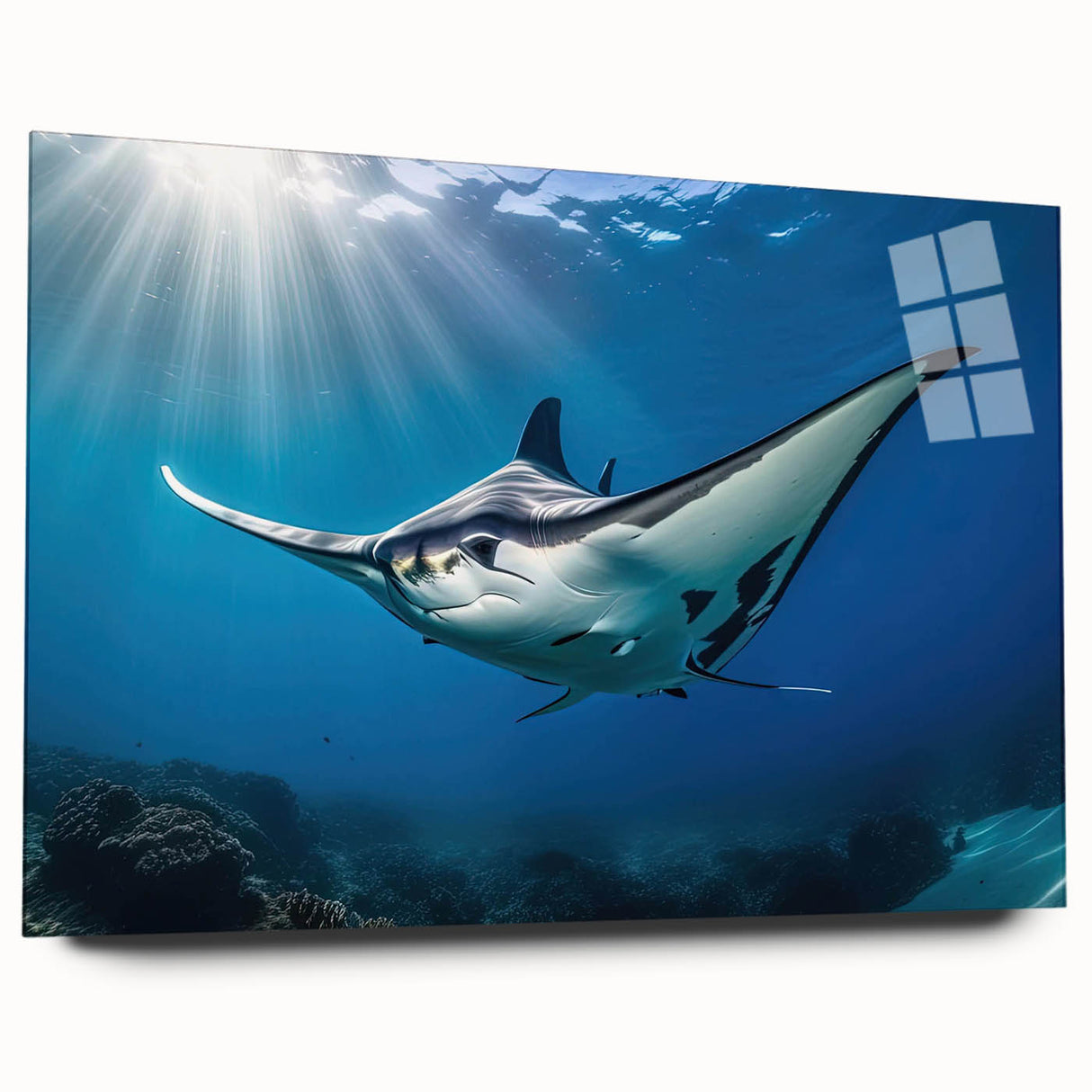 Elegant acrylic wall art featuring a vibrant marine life ray design, displayed in a side view without pins, perfect for ocean-themed decor.
