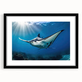Framed wall art featuring a marine life design showcasing a manta ray in vibrant colors, presented in a black frame with a white mat, perfect for ocean-themed decor.