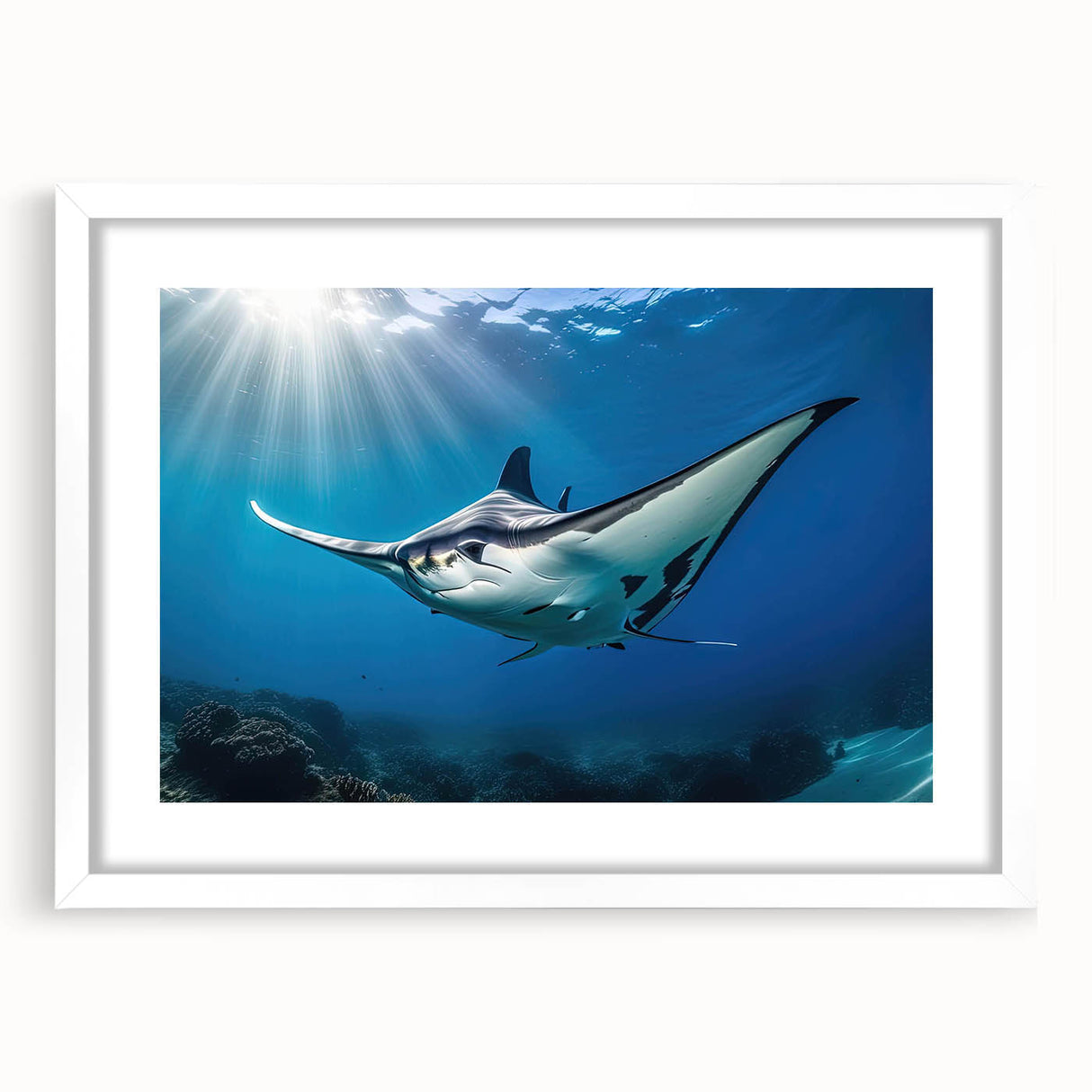 Close-up of a framed wall art collection showcasing vibrant marine life ray designs, featuring a white mat and sleek frame, perfect for coastal decor.