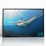 Framed wall art showcasing a vibrant marine life ray design in shades of blue and green, set against a black background, perfect for ocean-themed decor.