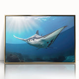Framed wall art featuring a stunning marine life ray design in vibrant colors, set in a sleek gold-acrylic frame, perfect for ocean-themed decor.