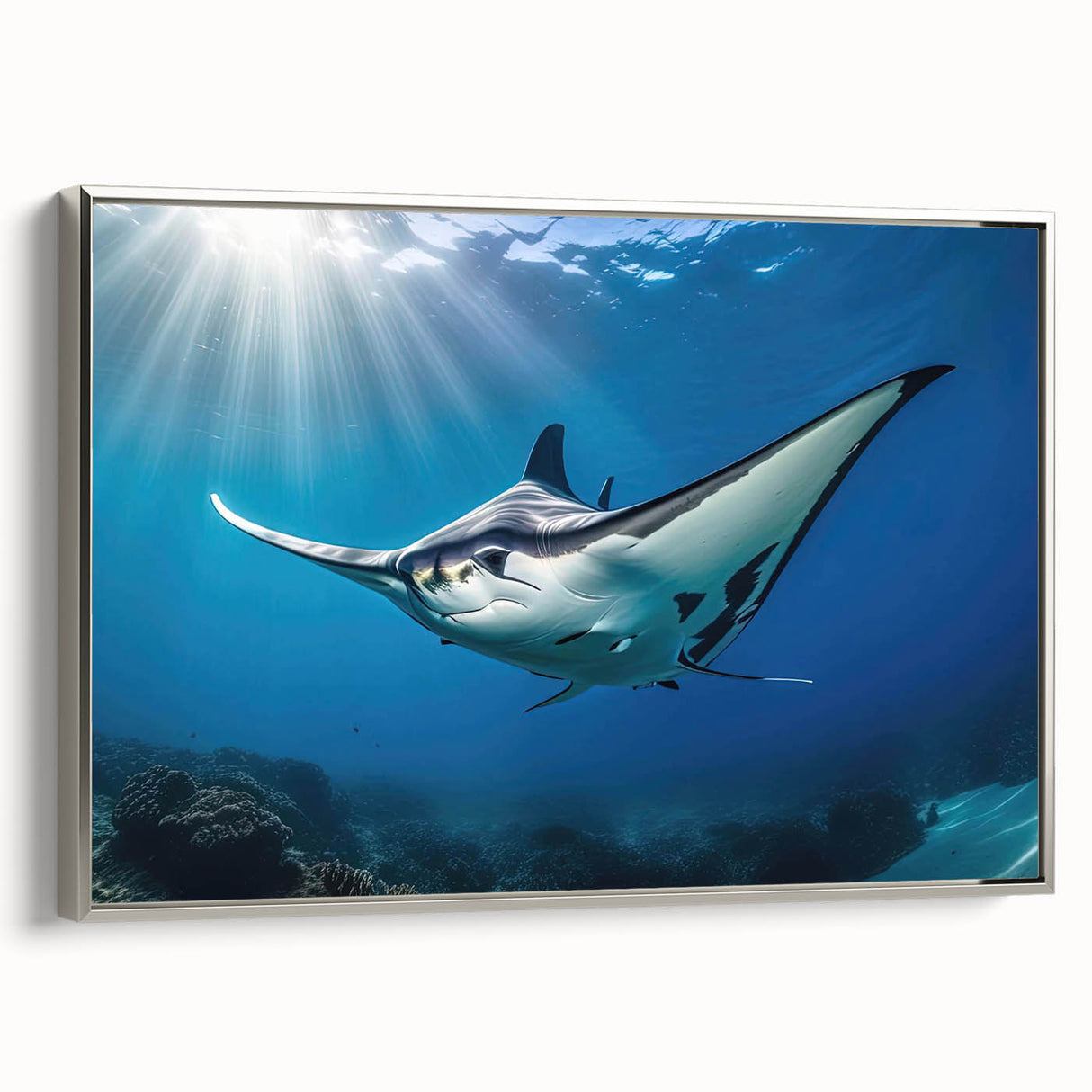 Framed canvas wall art showcasing a vibrant marine life ray design, featuring silver accents and a sleek side view, perfect for ocean-themed decor.