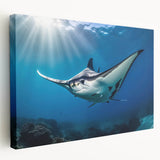 Stretched canvas wall art showcasing a vibrant marine life ray design in rich blues and greens, perfect for adding a coastal touch to any decor.