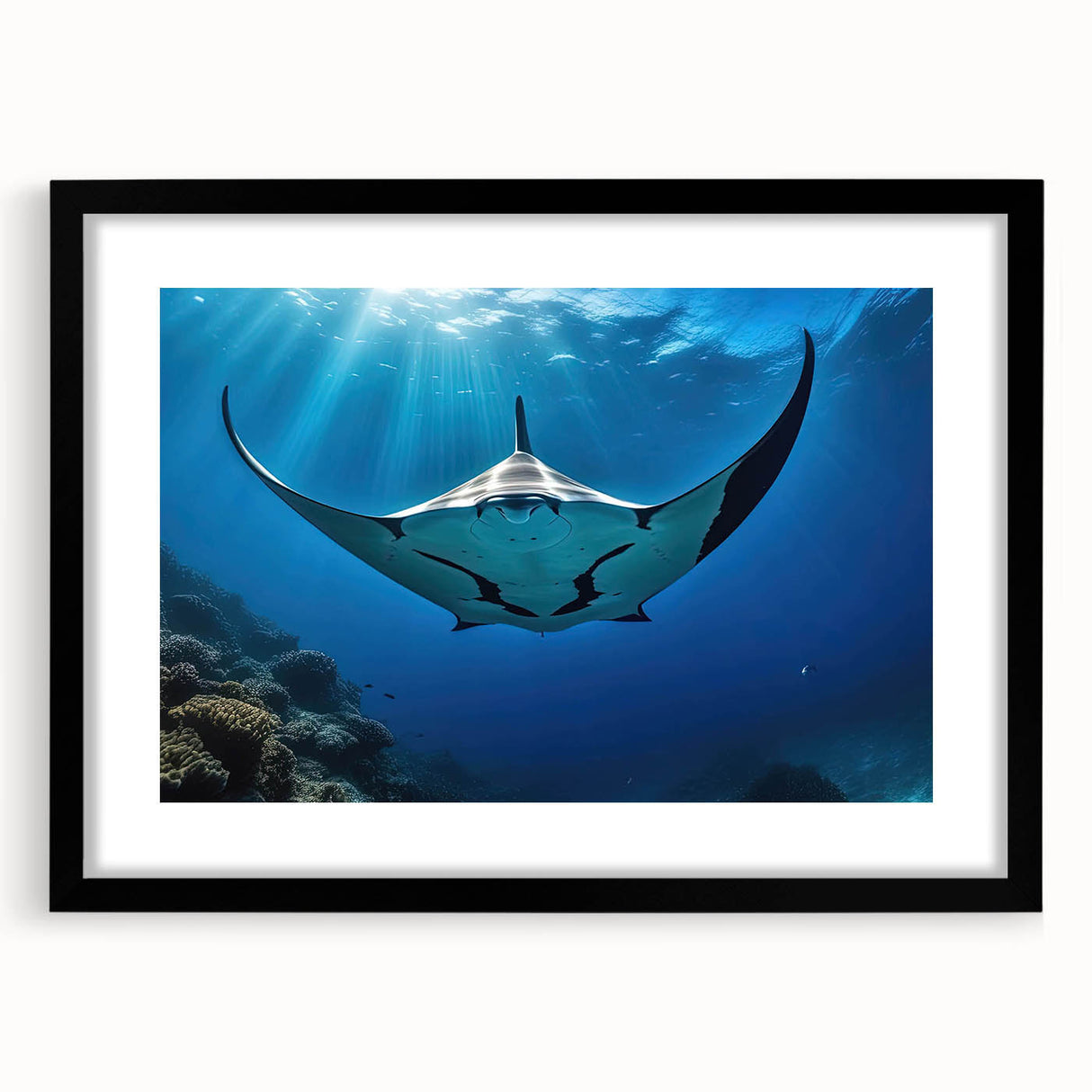 Framed wall art featuring a vibrant marine life ray design with a black mat, showcasing intricate details and colors that enhance any coastal-themed decor.