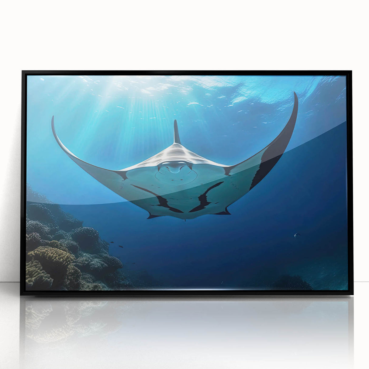 Framed wall art showcasing a vibrant marine life ray design in acrylic, featuring a sleek black frame and clear front view, ideal for ocean-themed decor.