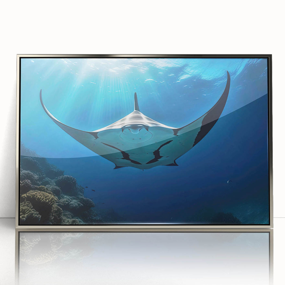 Framed acrylic wall art depicting a vibrant marine life ray design in silver, showcasing intricate details and colors, perfect for ocean-themed decor.