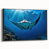 Framed wall art showcasing a vibrant marine life ray design on canvas, set against a sleek black frame, ideal for ocean-themed decor. Perfect for enhancing living spaces with a touch of aquatic beauty.