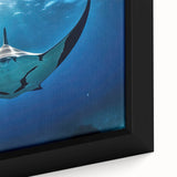 Close-up of a framed canvas wall art piece showcasing a vibrant marine life ray design, featuring intricate details and bright colors, perfect for ocean-themed decor.