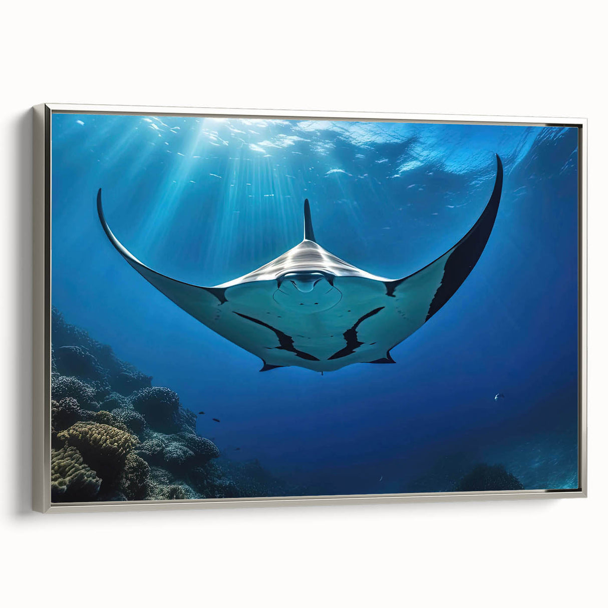 Framed wall art of a marine life ray design, showcasing intricate details in vibrant colors on a textured canvas, displayed elegantly with a silver frame.