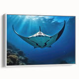 Framed canvas wall art showcasing a vibrant marine life ray design, featuring intricate details and a white frame, perfect for coastal decor enthusiasts.