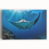Vibrant stretched canvas artwork showcasing a marine life ray design in shades of blue and green, perfect for beach-themed decor or ocean enthusiasts.