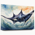 Acrylic wall art collection showcasing a colorful marine life ray design, displayed from the side with decorative pins, ideal for ocean-themed decor.