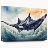 Acrylic wall art collection showcasing a colorful marine life ray design, displayed from the side with decorative pins, ideal for ocean-themed decor.