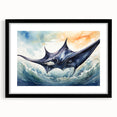 Framed wall art featuring a vibrant marine life ray design in a black frame with a mat, perfect for coastal decor enthusiasts, showcasing oceanic colors and intricate details.