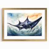 Elegant framed wall art piece showcasing a marine life ray design, featuring a gold frame and matting, ideal for home decor or ocean-themed interiors.