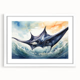 Framed wall art featuring a vibrant marine life ray design, showcasing colorful oceanic patterns on a white mat, ideal for coastal-themed decor.