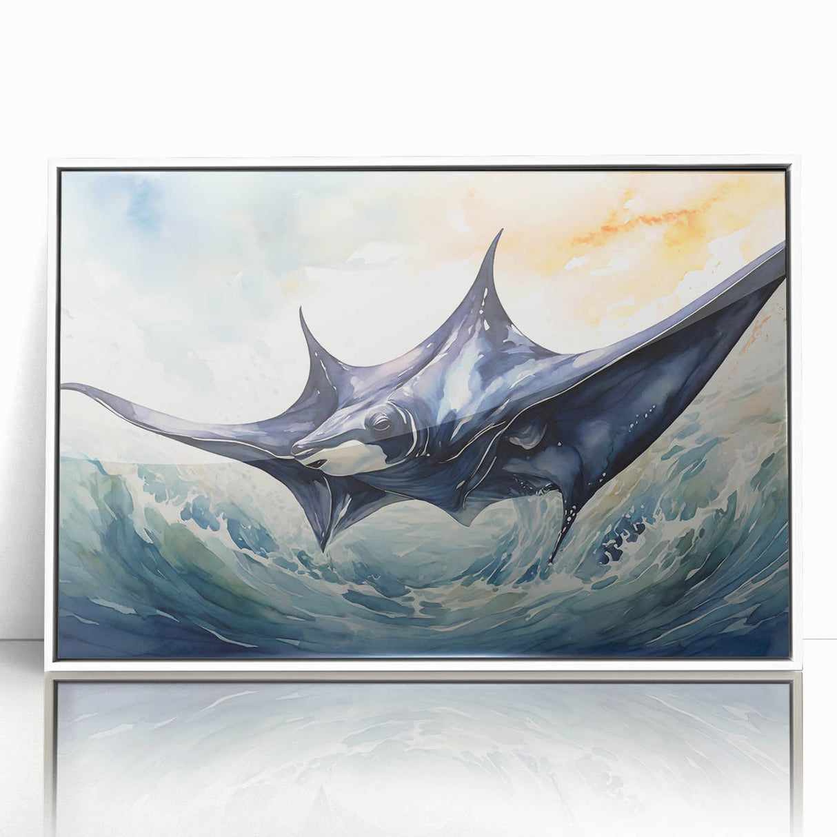Framed wall art featuring a marine life design showcasing a colorful ray against a white backdrop, perfect for ocean-themed decor or art collections.