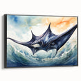 Framed canvas wall art depicting a vibrant marine life ray design in shades of blue and green, showcased from a black side view, perfect for ocean-themed decor.