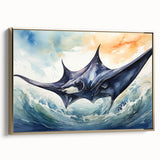 Framed wall art featuring a stunning marine life ray design on a canvas, showcasing intricate details and a gold frame, ideal for ocean-themed decor.