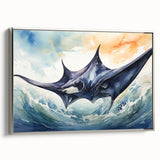 Framed wall art featuring a vibrant marine life ray design on canvas, showcasing intricate details and a silver frame, ideal for ocean-themed decor.