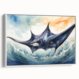 Framed canvas wall art featuring a vibrant marine life ray design, showcasing intricate details and bright colors, displayed against a white background for a modern aesthetic. Ideal for ocean-themed home decor.