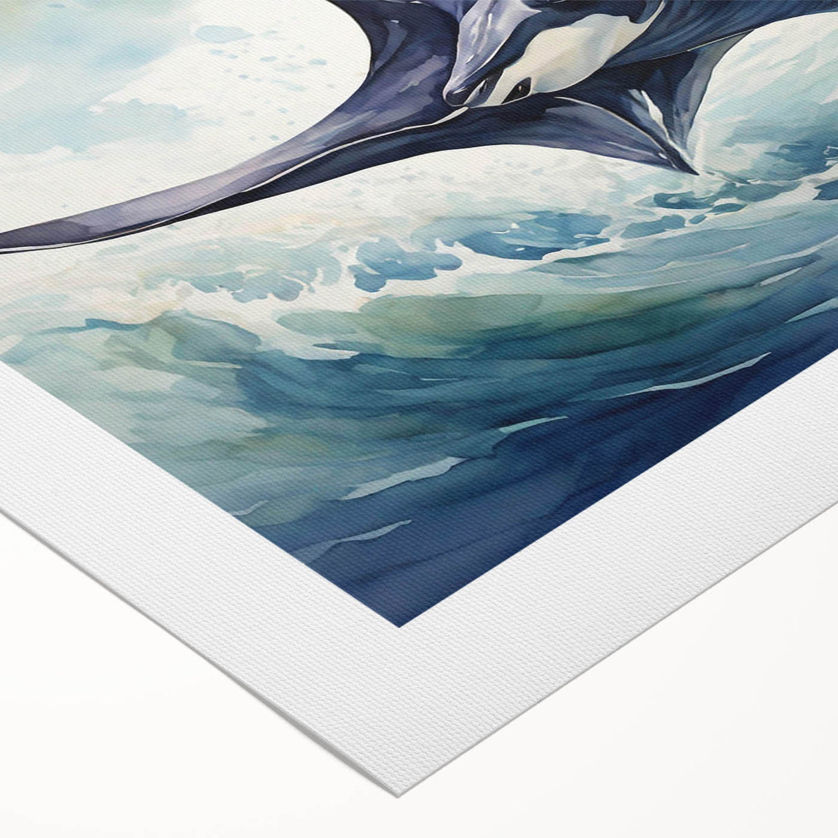 Colorful marine life wall art featuring a manta ray design on a rolled canvas, showcasing intricate details and vibrant hues, ideal for ocean-themed decor.