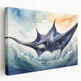 Stretched canvas wall art featuring a colorful marine life ray design, showcasing vibrant blues and greens, ideal for ocean-themed home decor. Perfect for adding a touch of aquatic elegance to any room.